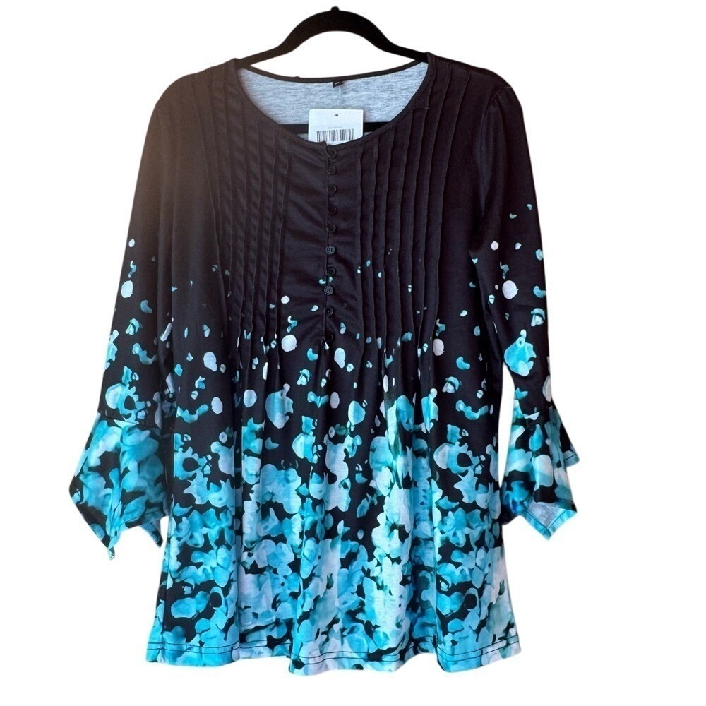 Flowy Blouse 3/4 Sleeve Pleated Black Aqua White Floral XL NWT Versatile